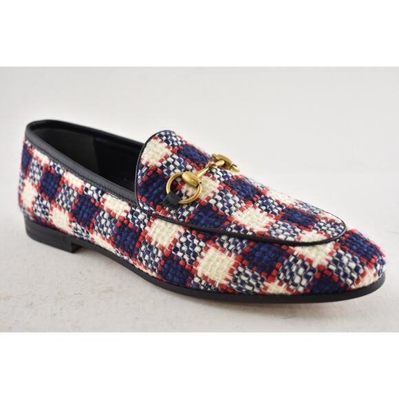 Gucci New Jordaan Blue Red White Black Tweed Check Loafer Mule Slipper Flat 38.5 - Picture 5 of 14